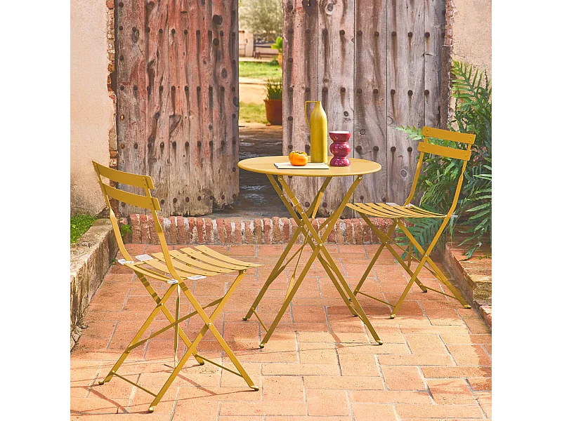 Table de jardin bistrot pliante métal + 2 assises ocre Ø60 x 70cm. acier thermolaqué
