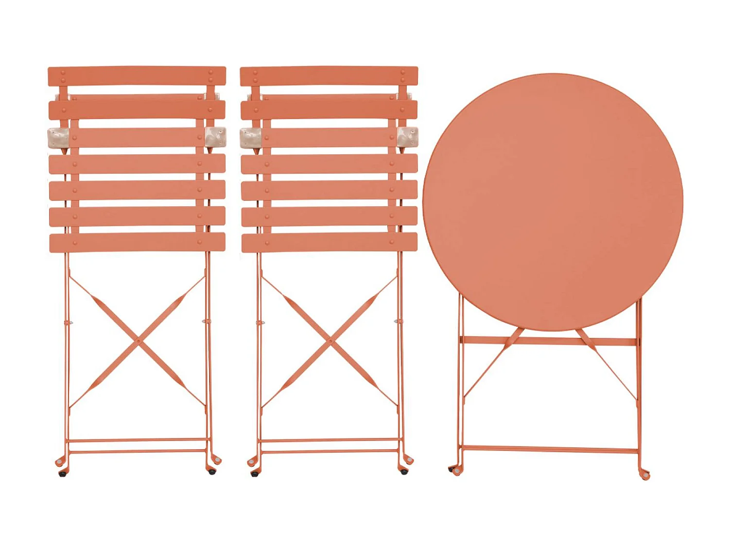 Table de jardin bistrot pliante métal + 2 assises tomette Ø60 x 70cm. acier thermolaqué