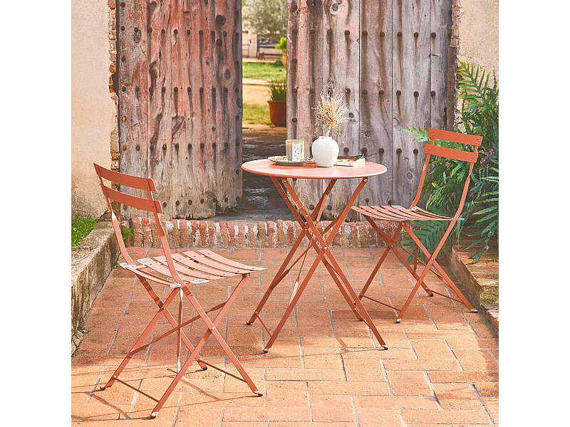 Table de jardin bistrot pliante métal + 2 assises tomette Ø60 x 70cm. acier thermolaqué