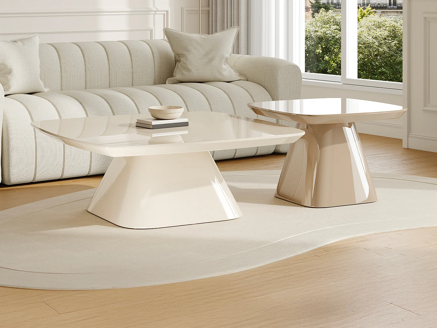 Lot de 2 tables basses en MDF - Crème et taupe laqué - NATAZA