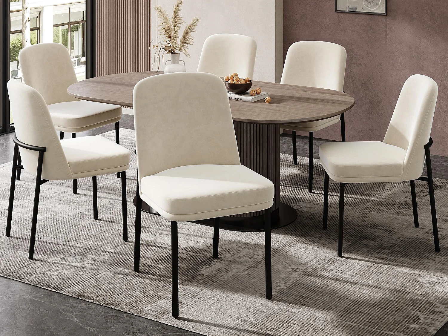 Set di 2 sedie da pranzo - Cuscini del sedile imbottiti - Gambe in metallo - Tessuto in velluto - Beige