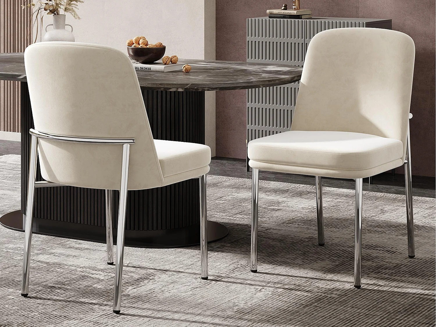 Set di 2 sedie da pranzo - con cuscini del sedile imbottiti - gambe di sedia in metallo argentato - Tessuto in velluto - Beige