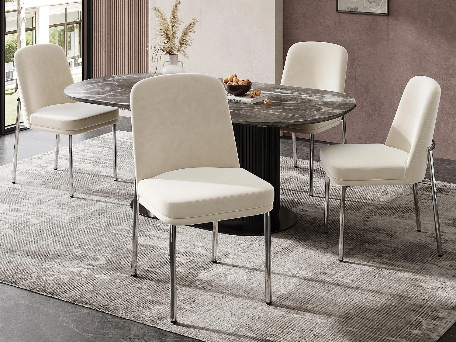 Set di 4 sedie da pranzo - con cuscini del sedile imbottiti - gambe di sedia in metallo argentato - Tessuto in velluto - Beige