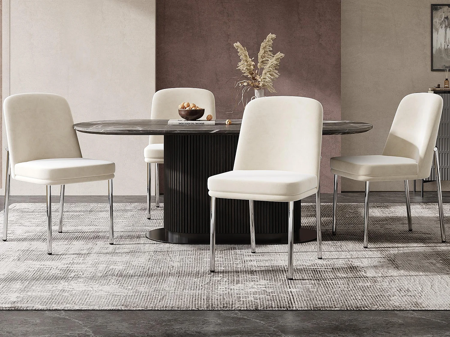 Set di 4 sedie da pranzo - con cuscini del sedile imbottiti - gambe di sedia in metallo argentato - Tessuto in velluto - Beige