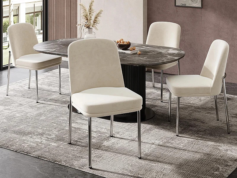 Set di 4 sedie da pranzo - con cuscini del sedile imbottiti - gambe di sedia in metallo argentato - Tessuto in velluto - Beige