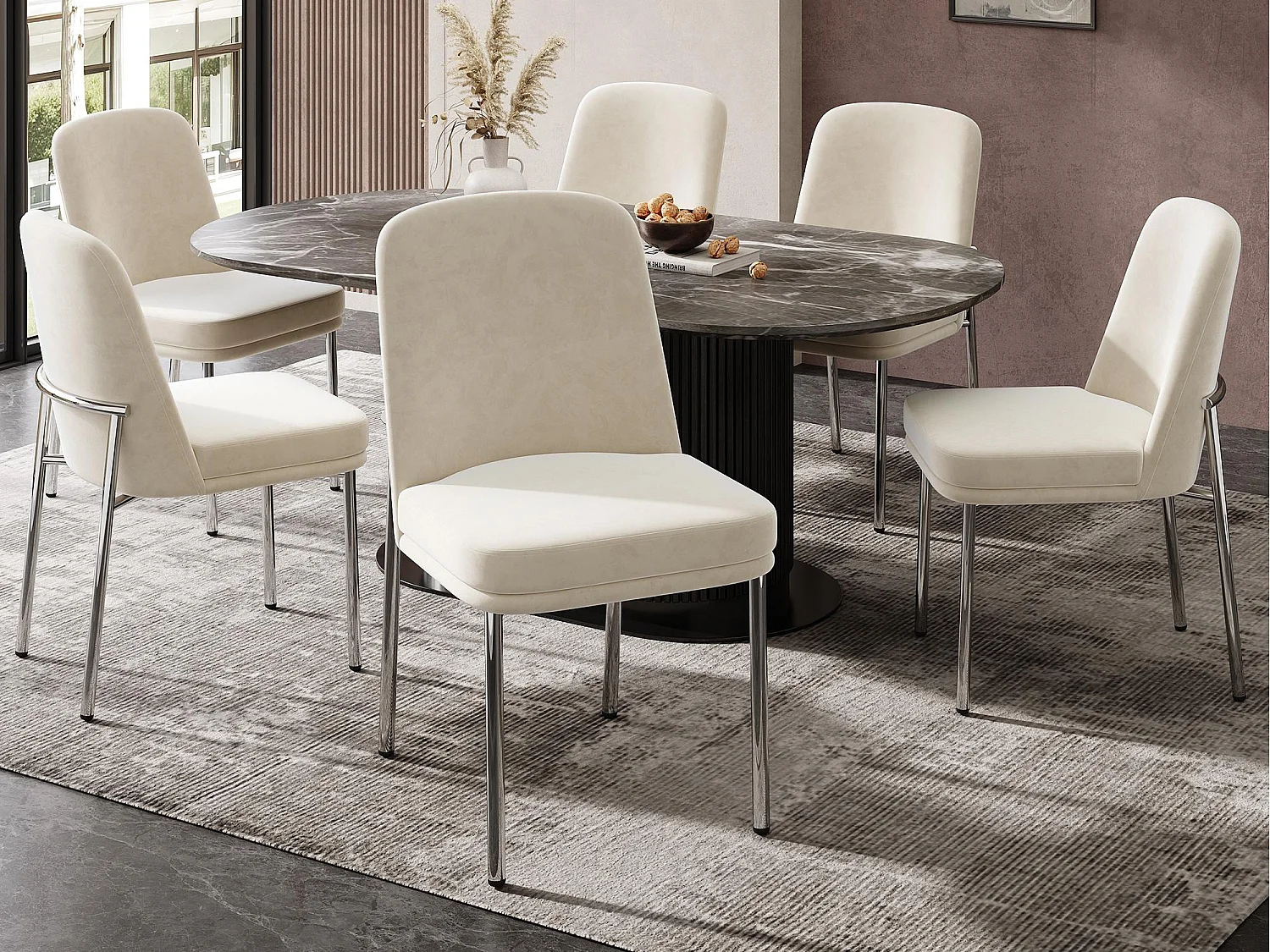 Set di 6 sedie da pranzo - con cuscini del sedile imbottiti - gambe di sedia in metallo argentato - Tessuto in velluto - Beige