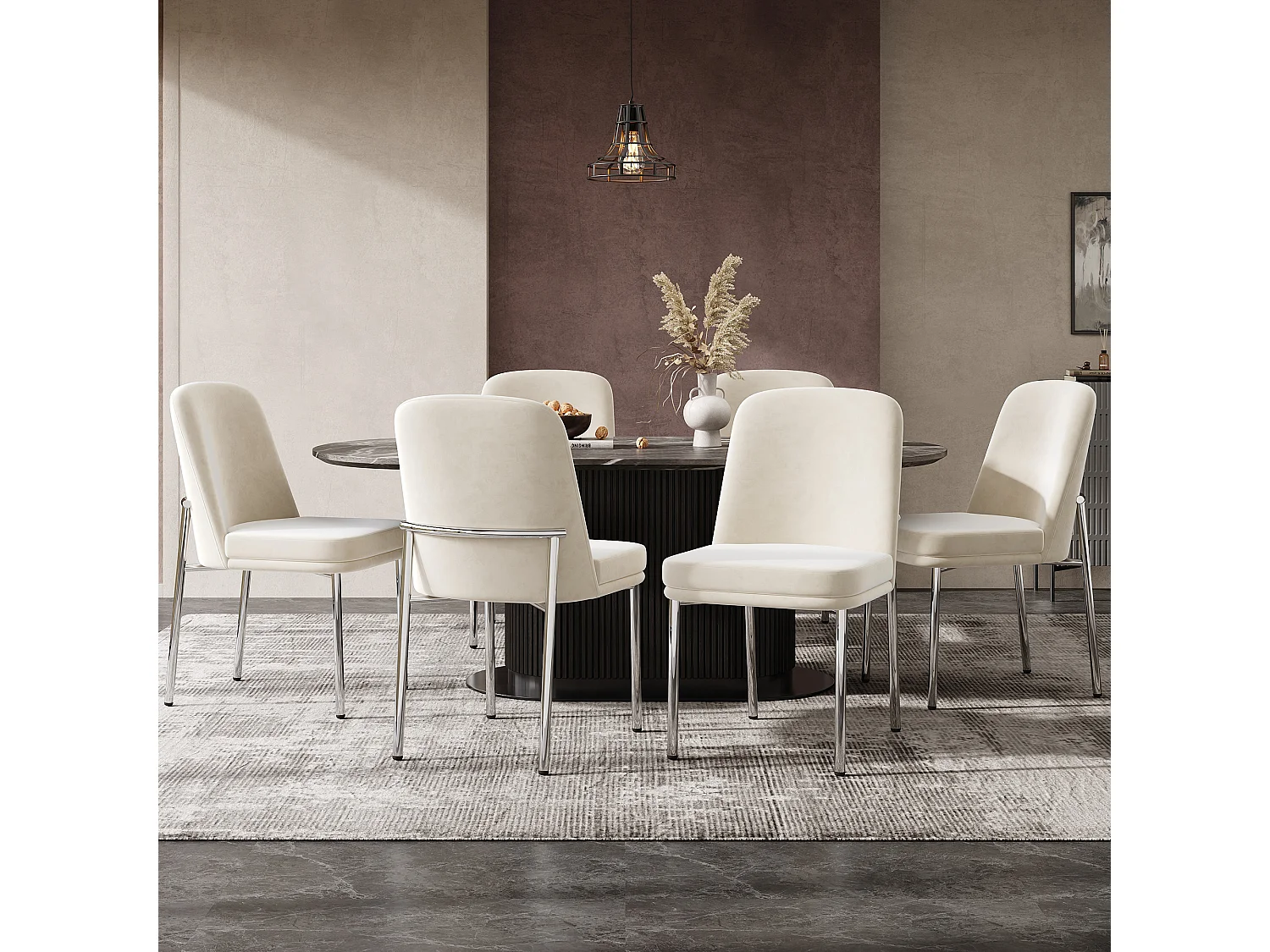 Set di 6 sedie da pranzo - con cuscini del sedile imbottiti - gambe di sedia in metallo argentato - Tessuto in velluto - Beige