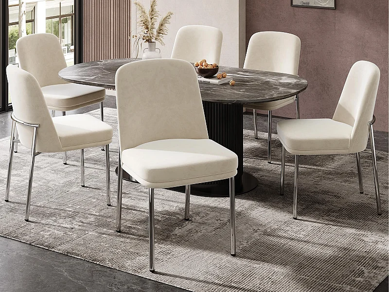 Set di 6 sedie da pranzo - con cuscini del sedile imbottiti - gambe di sedia in metallo argentato - Tessuto in velluto - Beige