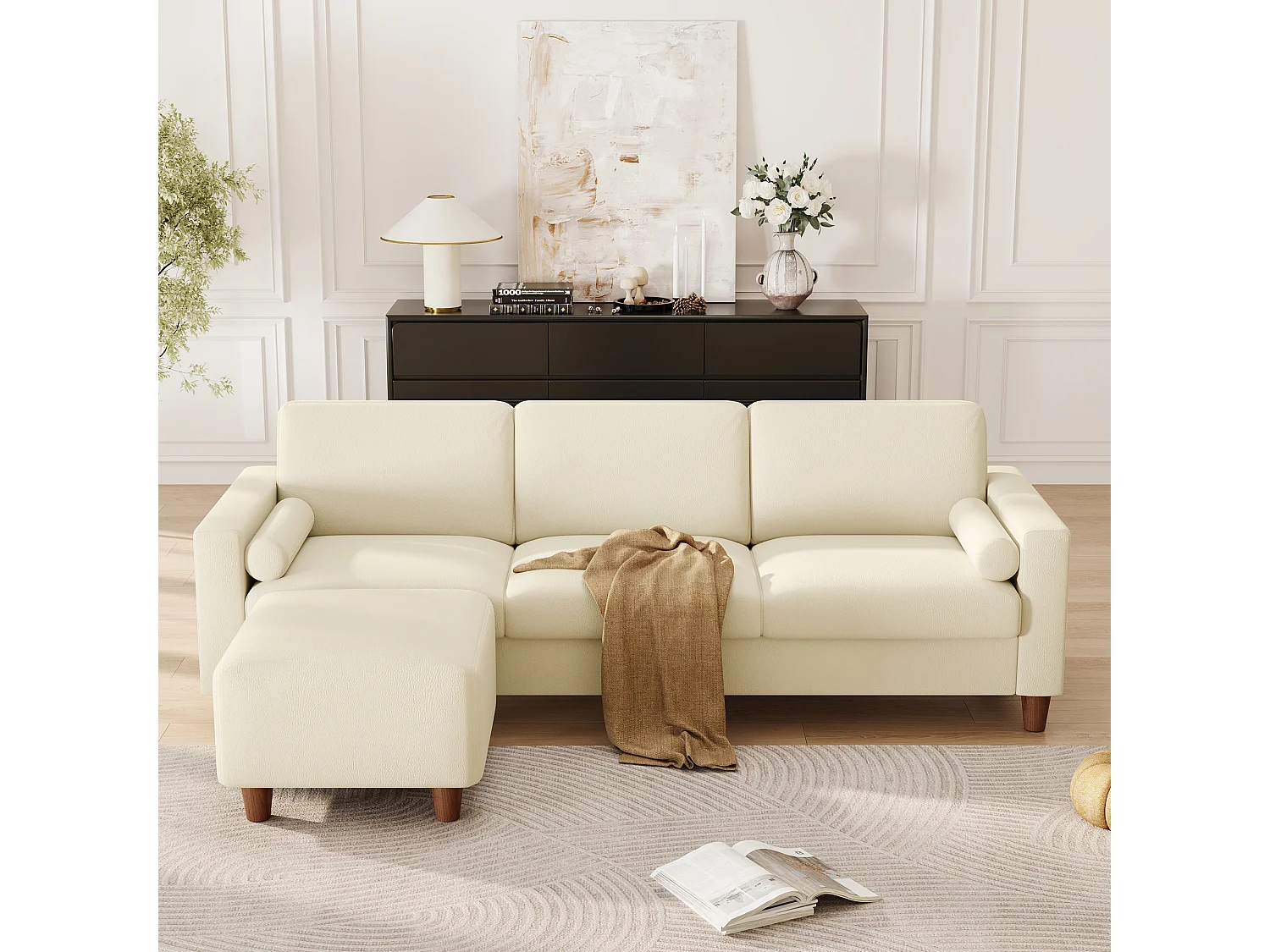 Canapé 3 places en simili, avec pouf et 2 oreillers rond, cadre en bois, 234x155x88cm, Beige