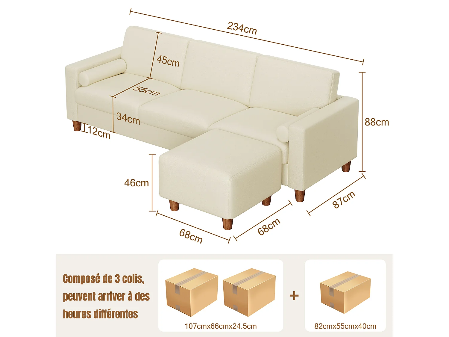 Canapé 3 places en simili, avec pouf et 2 oreillers rond, cadre en bois, 234x155x88cm, Beige