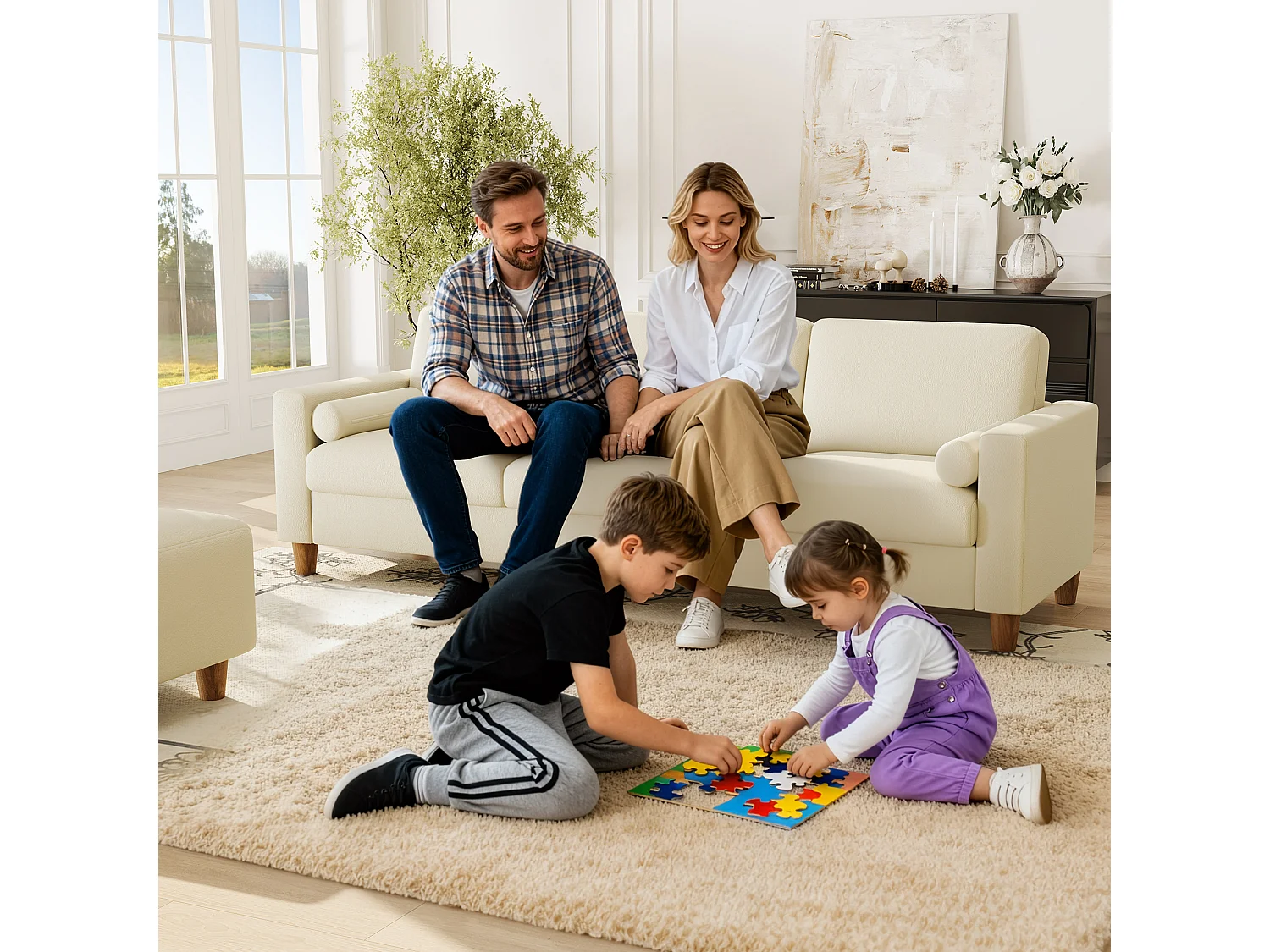 Canapé 3 places en simili, avec pouf et 2 oreillers rond, cadre en bois, 234x155x88cm, Beige