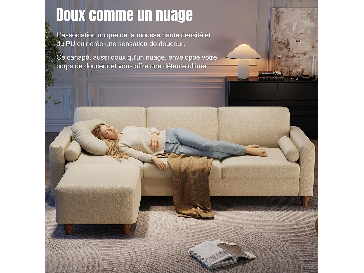 Canapé 3 places en simili, avec pouf et 2 oreillers rond, cadre en bois, 234x155x88cm, Beige