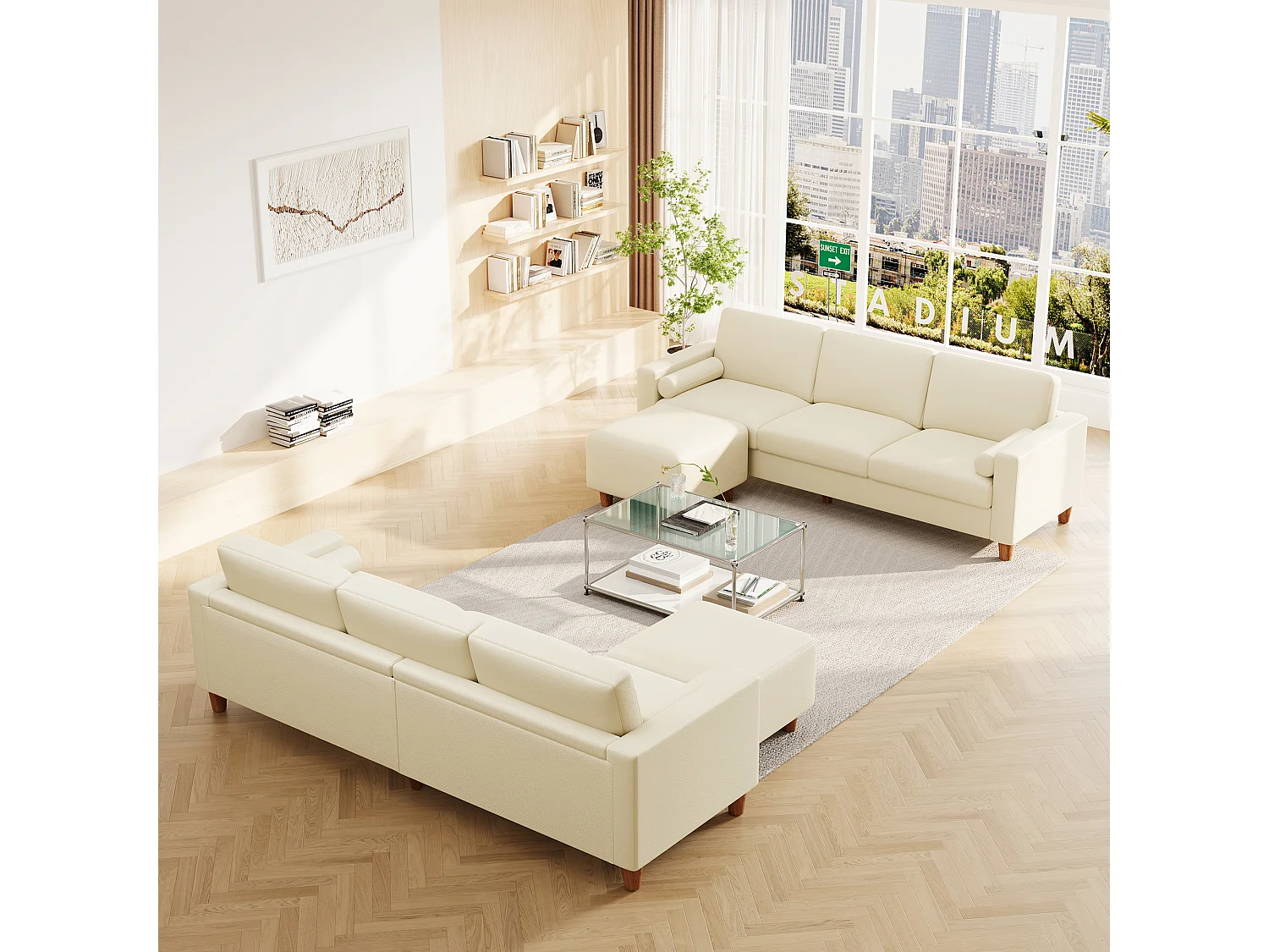 Canapé 3 places en simili, avec pouf et 2 oreillers rond, cadre en bois, 234x155x88cm, Beige