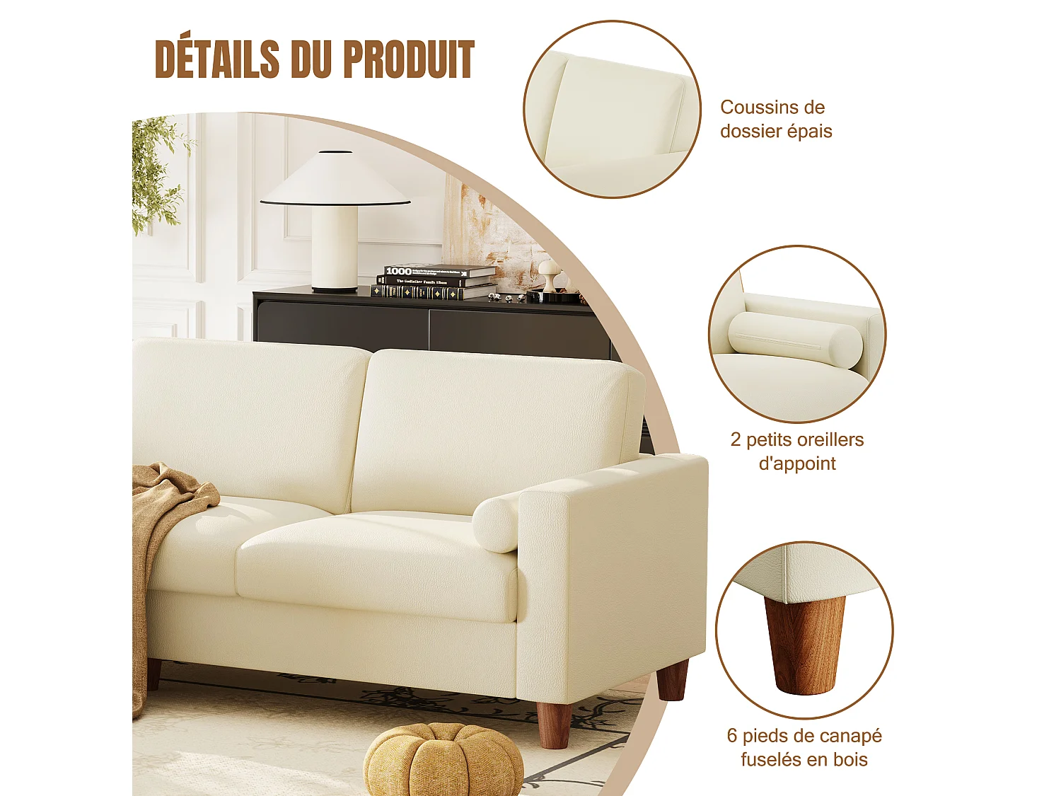 Canapé 3 places en simili, avec pouf et 2 oreillers rond, cadre en bois, 234x155x88cm, Beige