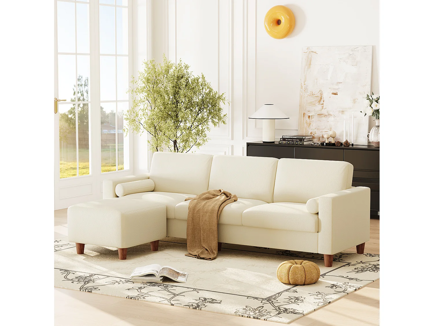 Canapé 3 places en simili, avec pouf et 2 oreillers rond, cadre en bois, 234x155x88cm, Beige