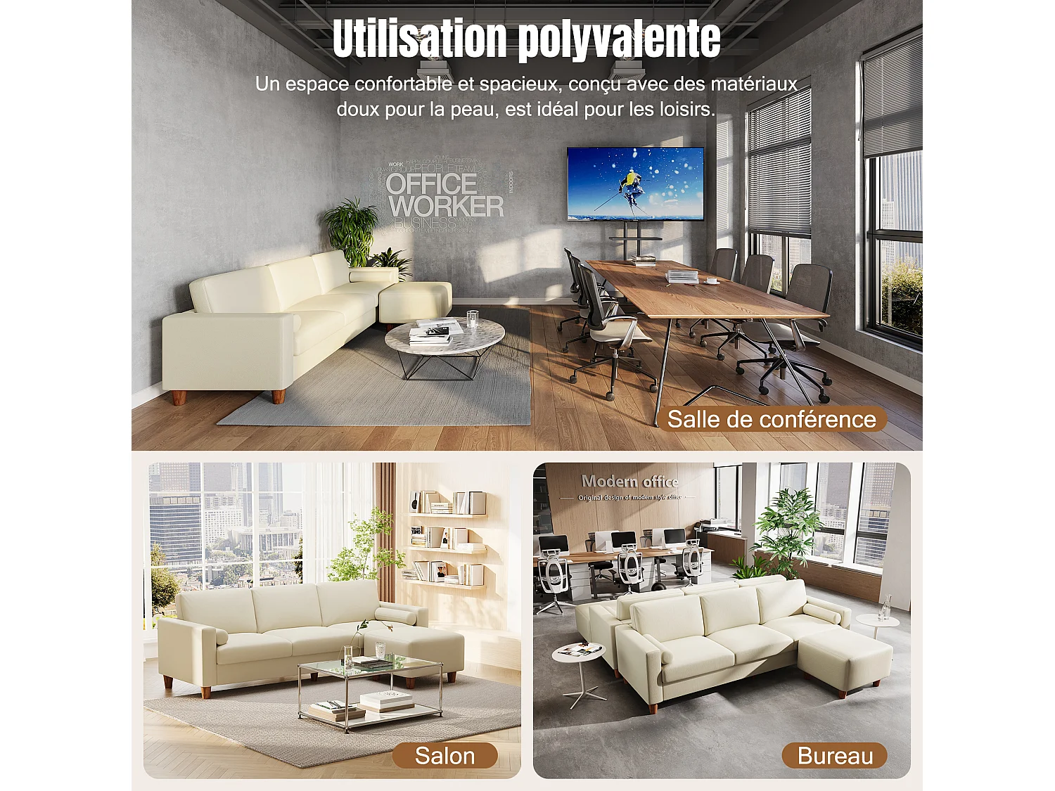 Canapé 3 places en simili, avec pouf et 2 oreillers rond, cadre en bois, 234x155x88cm, Beige
