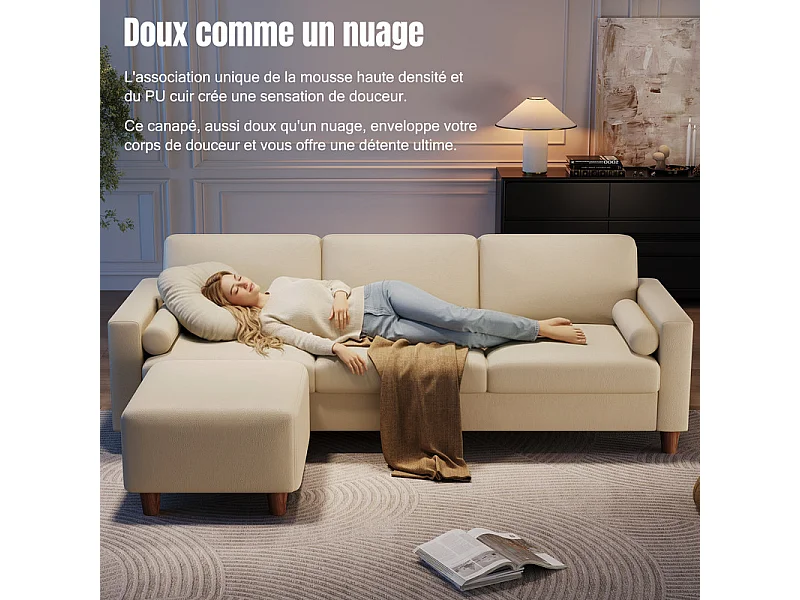 3-personers sofa i kunstlæder, med pouf og 2 runde hovedpuder, træramme, 234x155x88cm, Beige