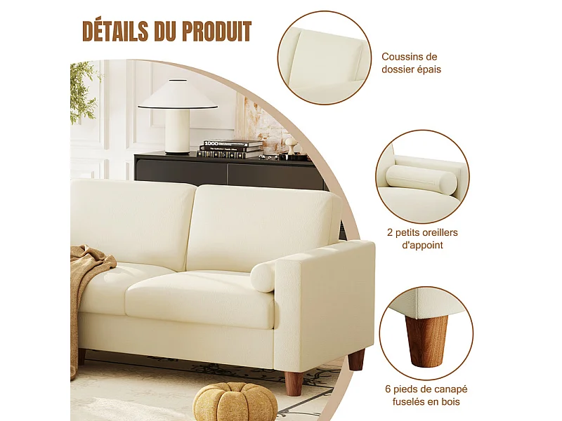 3-personers sofa i kunstlæder, med pouf og 2 runde hovedpuder, træramme, 234x155x88cm, Beige