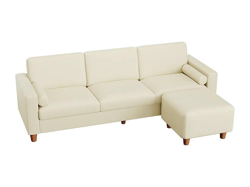3-personers sofa i kunstlæder, med pouf og 2 runde hovedpuder, træramme, 234x155x88cm, Beige