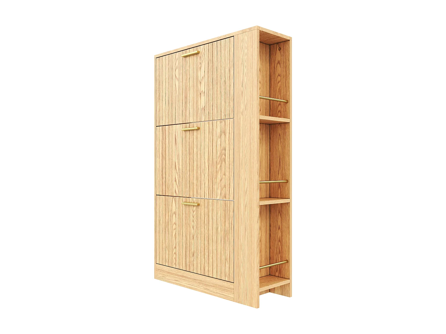 Moderner Schuhschrank 70x23,5x115 cm - mit 3 Türen - Offene Fächer - Holzoptik - MDF - Natur