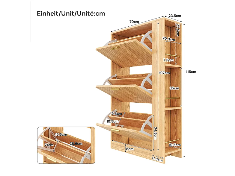 Moderner Schuhschrank 70x23,5x115 cm - mit 3 Türen - Offene Fächer - Holzoptik - MDF - Natur