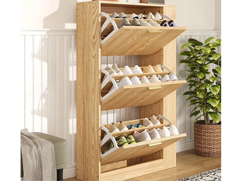 Moderner Schuhschrank 70x23,5x115 cm - mit 3 Türen - Offene Fächer - Holzoptik - MDF - Natur