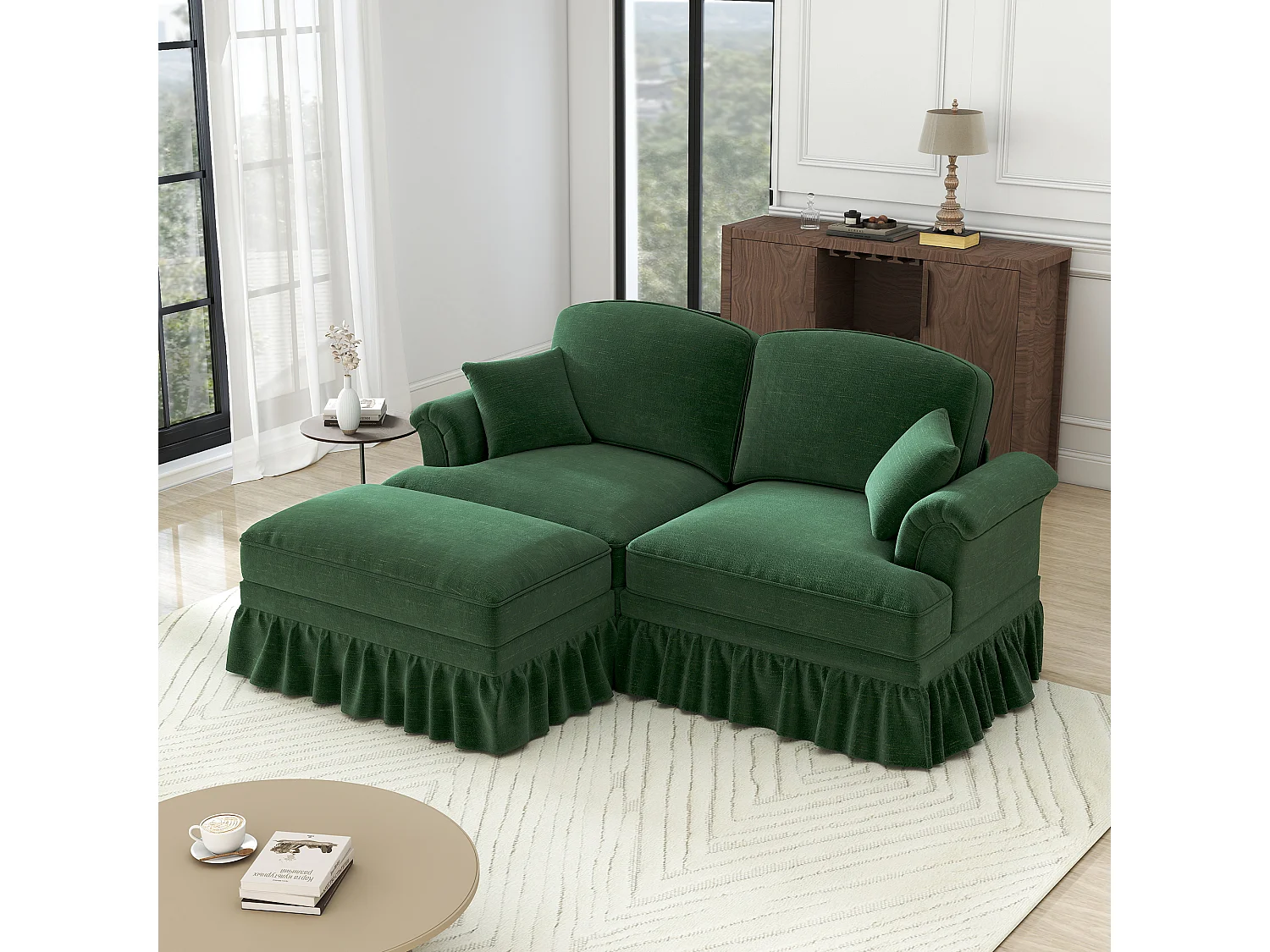 Canapé 2 places chesterfield en chenille vert - avec pouf et 2 oreillers - cantonnière amovible - 194x140x93cm