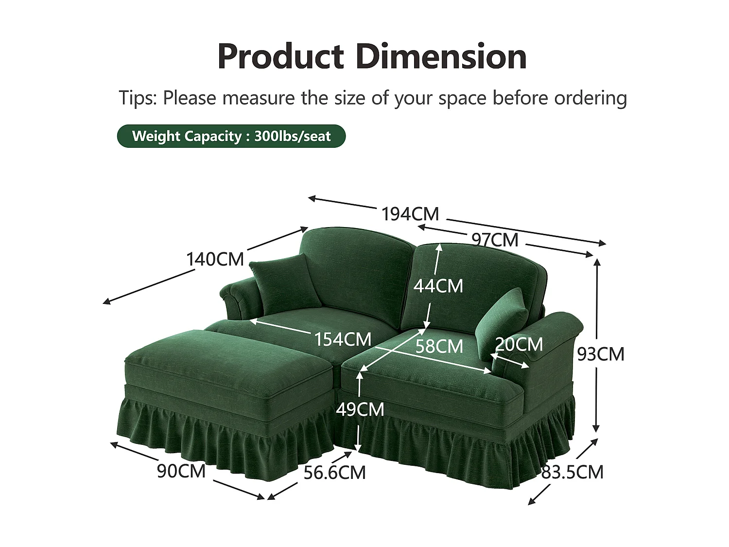 Canapé 2 places chesterfield en chenille vert - avec pouf et 2 oreillers - cantonnière amovible - 194x140x93cm