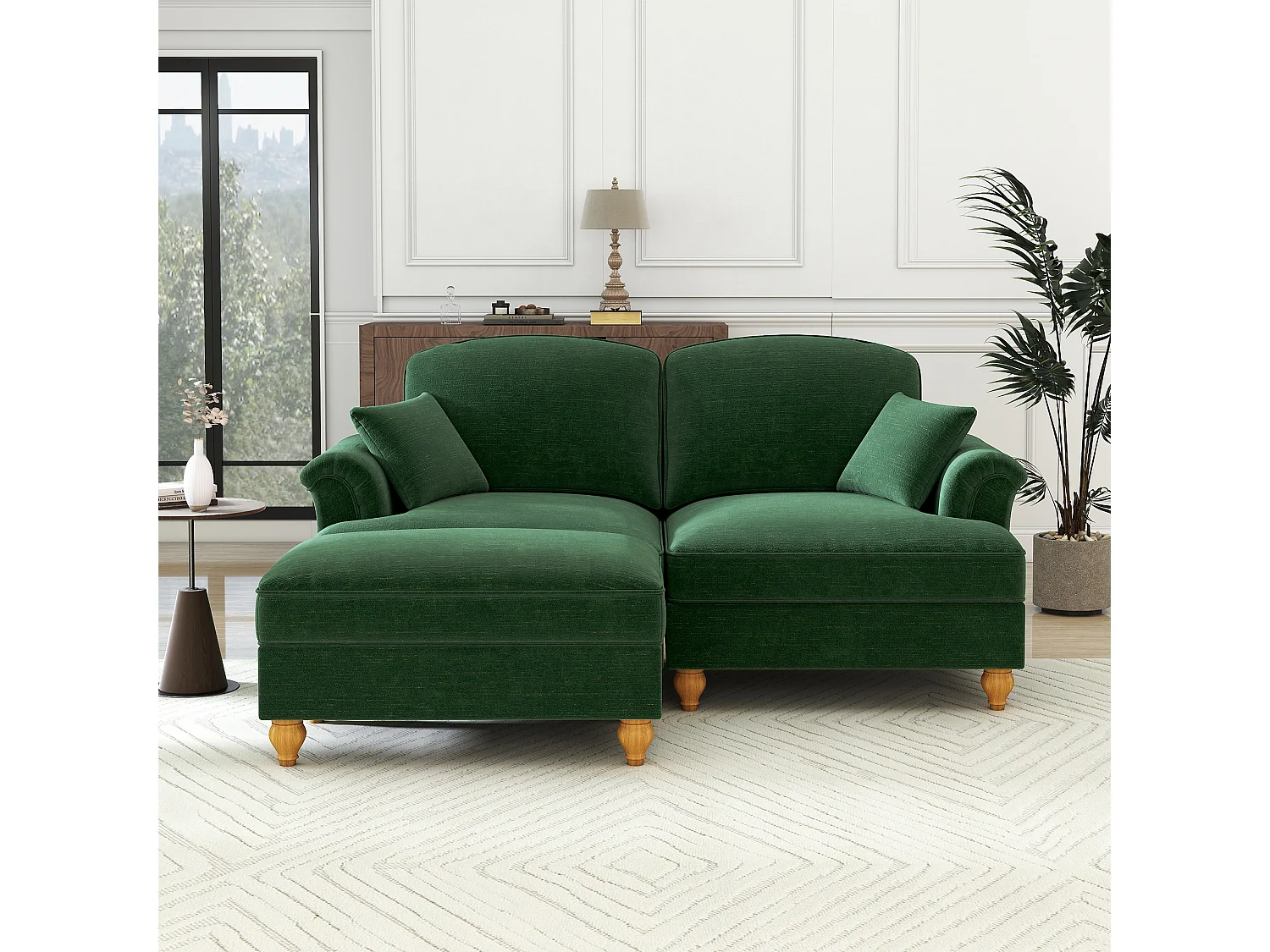 Canapé 2 places chesterfield en chenille vert - avec pouf et 2 oreillers - cantonnière amovible - 194x140x93cm