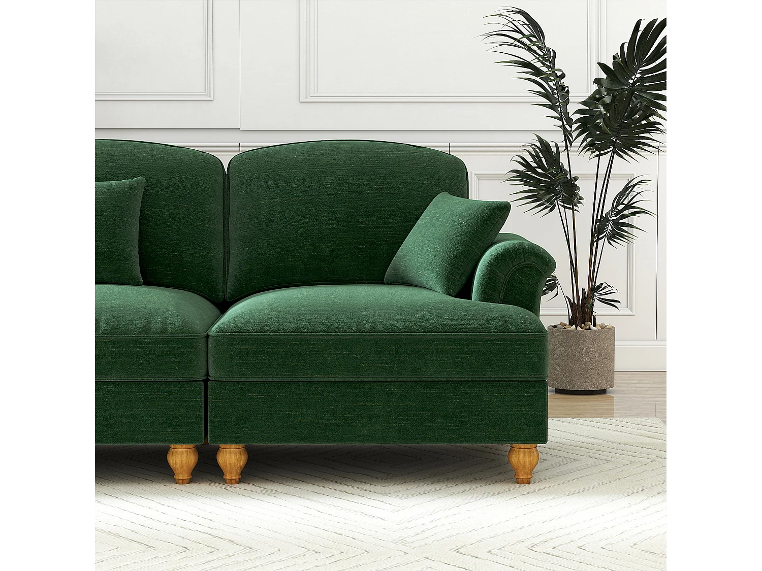 Canapé 2 places chesterfield en chenille vert - avec pouf et 2 oreillers - cantonnière amovible - 194x140x93cm