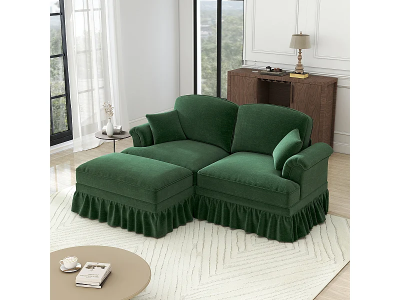 Canapé 2 places chesterfield en chenille vert - avec pouf et 2 oreillers - cantonnière amovible - 194x140x93cm