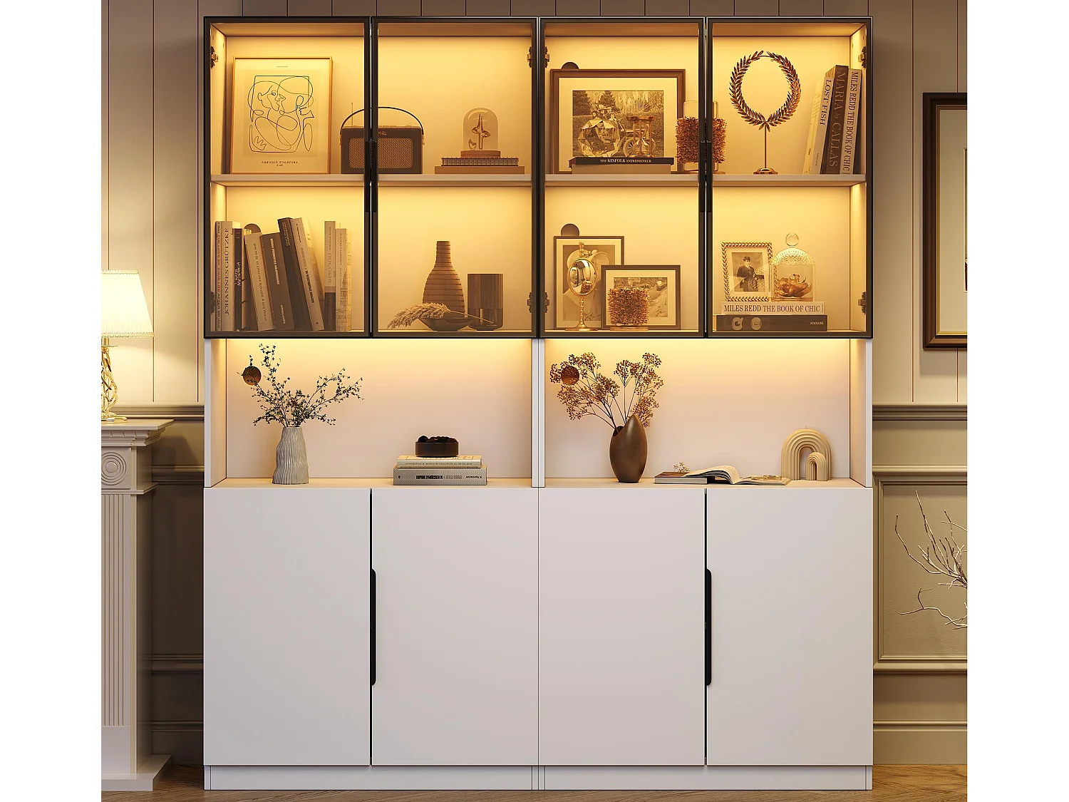 Vetrina moderna 160x30x200cm - Illuminazione LED - 4 ante - Ripiani regolabili - Bianco