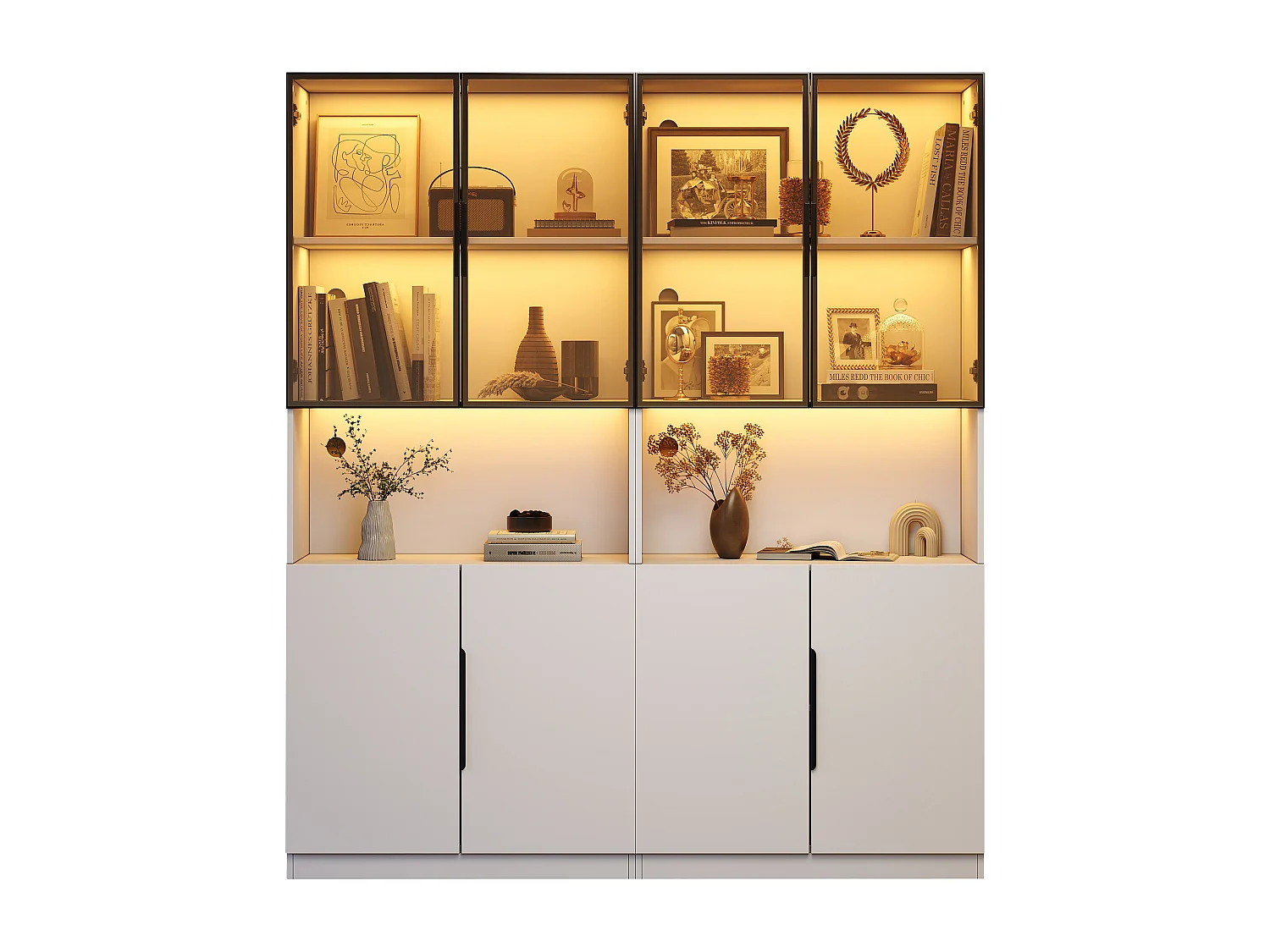 Vetrina moderna 160x30x200cm - Illuminazione LED - 4 ante - Ripiani regolabili - Bianco