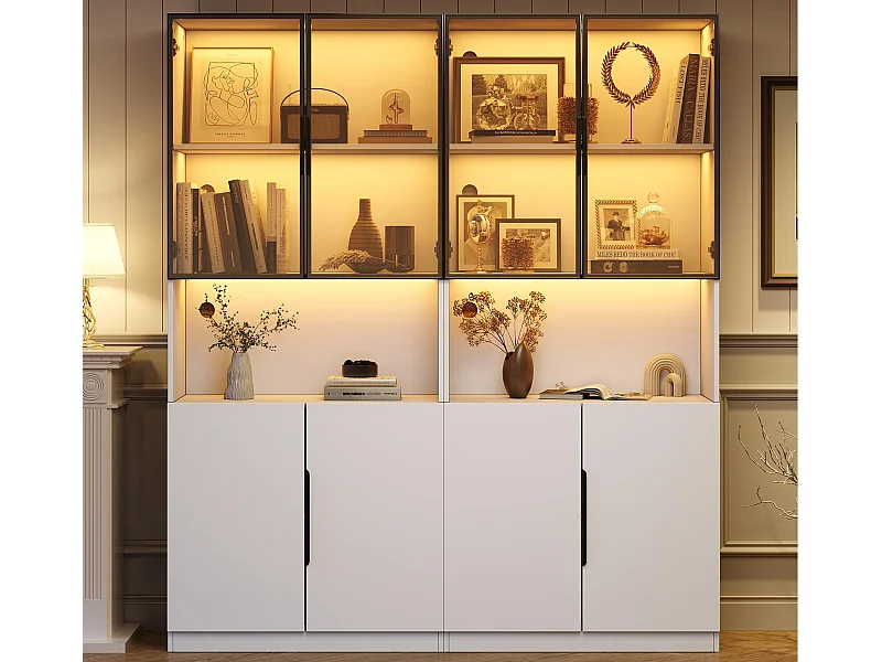 Vetrina moderna 160x30x200cm - Illuminazione LED - 4 ante - Ripiani regolabili - Bianco