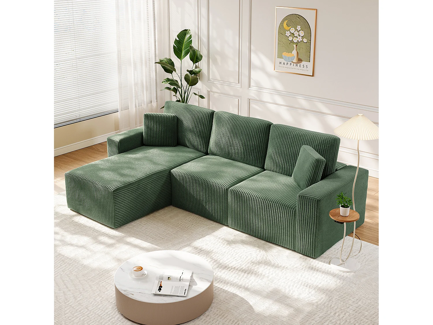 Canapé d'angle gauche modulable 3 places en velour côtelé, avec 2 oreillers, méridienne 70x125cm, Vert