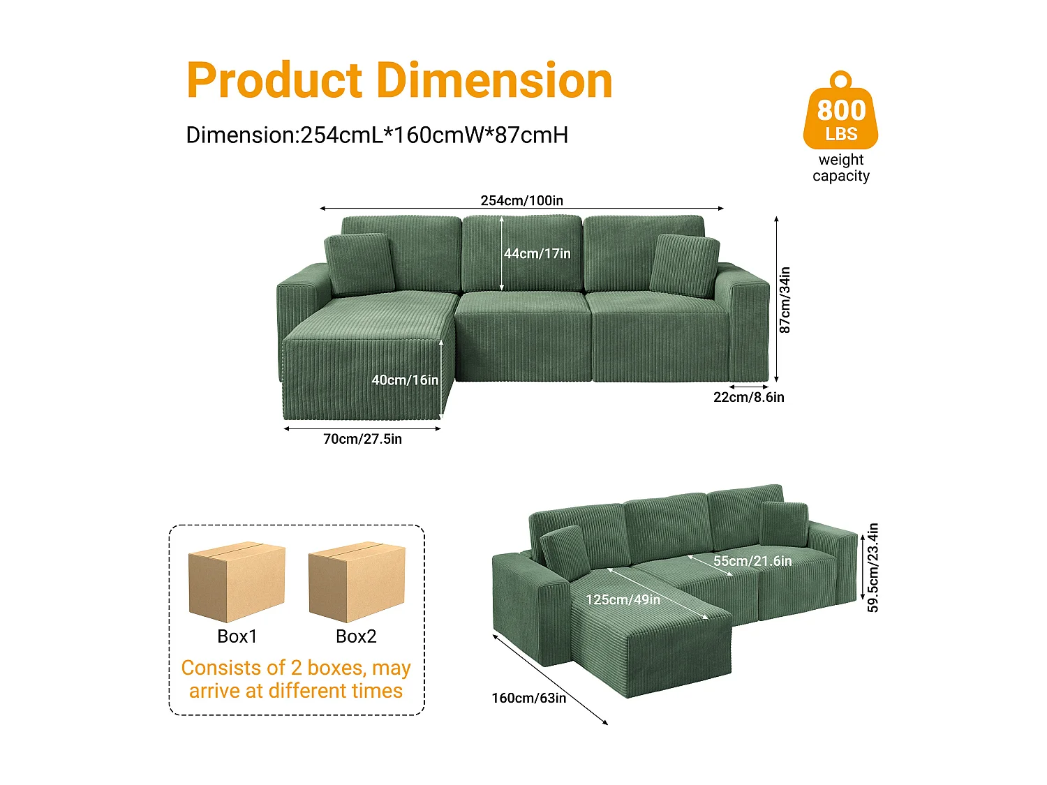 Canapé d'angle gauche modulable 3 places en velour côtelé, avec 2 oreillers, méridienne 70x125cm, Vert