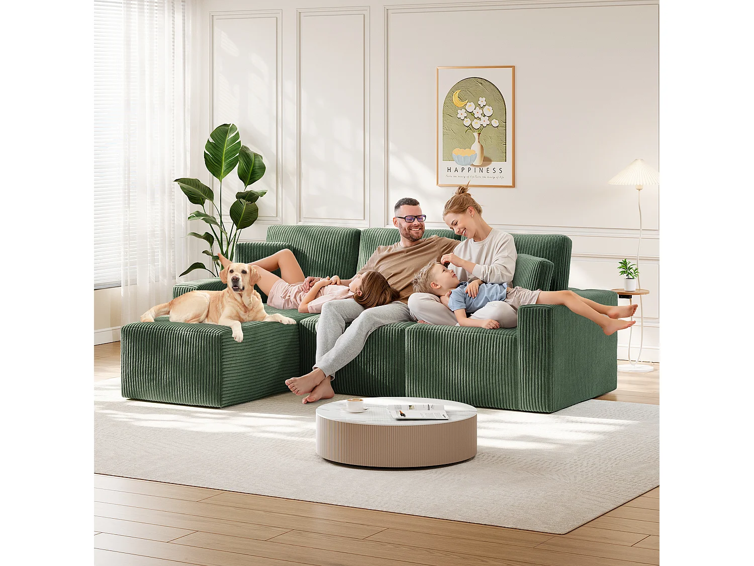 Canapé d'angle gauche modulable 3 places en velour côtelé, avec 2 oreillers, méridienne 70x125cm, Vert