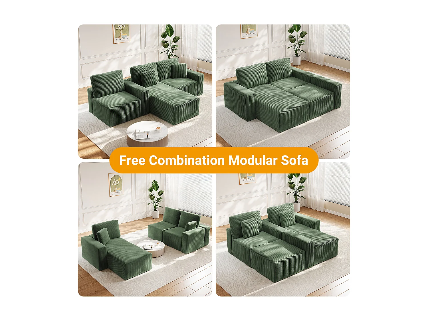 Canapé d'angle gauche modulable 3 places en velour côtelé, avec 2 oreillers, méridienne 70x125cm, Vert