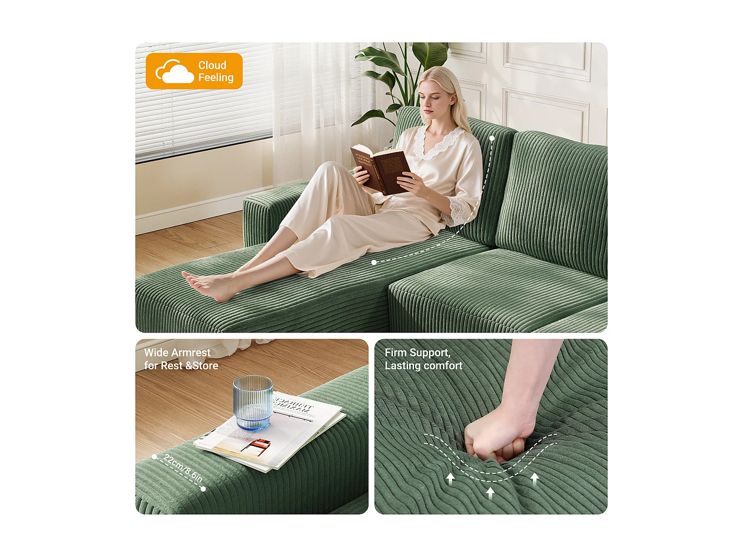 Canapé d'angle gauche modulable 3 places en velour côtelé, avec 2 oreillers, méridienne 70x125cm, Vert