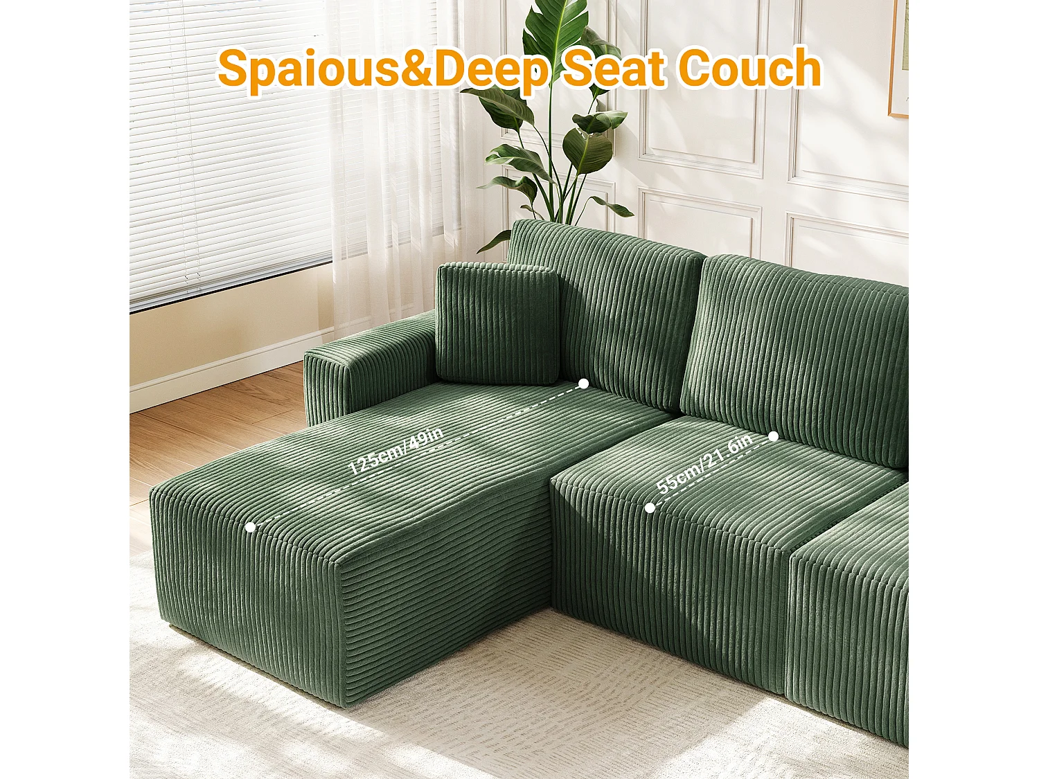 Canapé d'angle gauche modulable 3 places en velour côtelé, avec 2 oreillers, méridienne 70x125cm, Vert