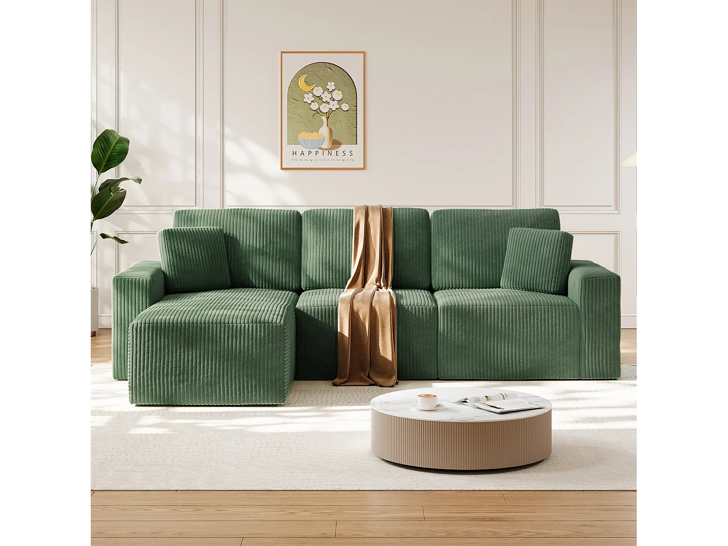 Canapé d'angle gauche modulable 3 places en velour côtelé, avec 2 oreillers, méridienne 70x125cm, Vert