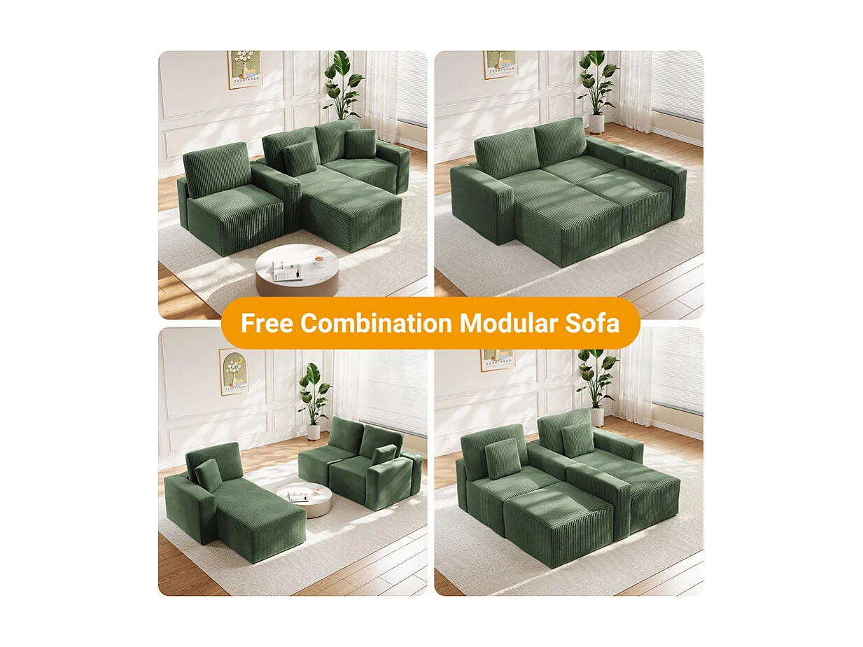 Canapé d'angle gauche modulable 3 places en velour côtelé, avec 2 oreillers, méridienne 70x125cm, Vert