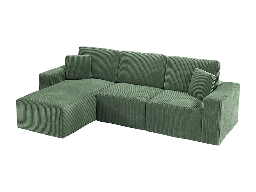 Canapé d'angle gauche modulable 3 places en velour côtelé, avec 2 oreillers, méridienne 70x125cm, Vert