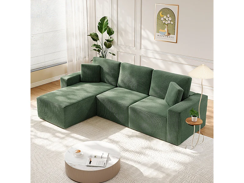 Canapé d'angle gauche modulable 3 places en velour côtelé, avec 2 oreillers, méridienne 70x125cm, Vert