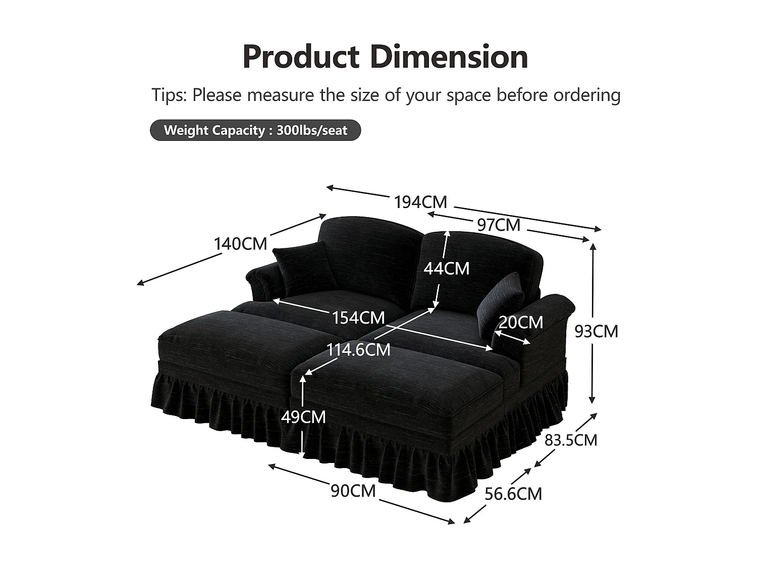 Chesterfield bank 2-zits in chenille zwart - met 2 poefs en 2 kussens - afneembare ruche - 194x140x93cm