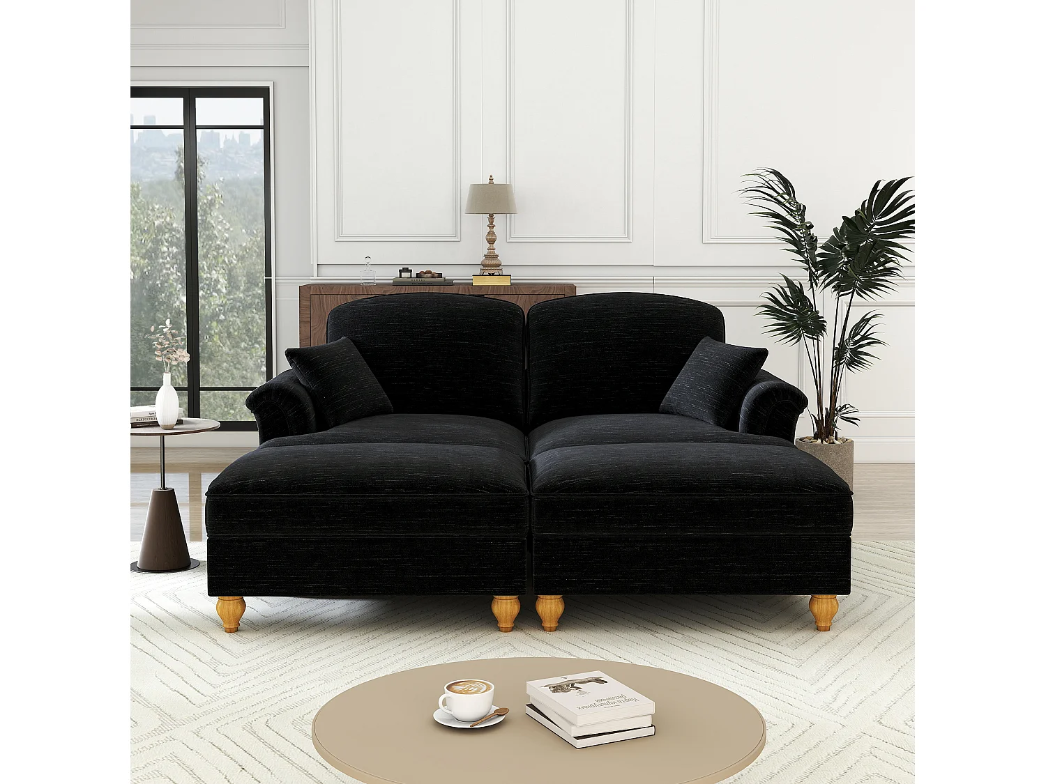 Chesterfield bank 2-zits in chenille zwart - met 2 poefs en 2 kussens - afneembare ruche - 194x140x93cm