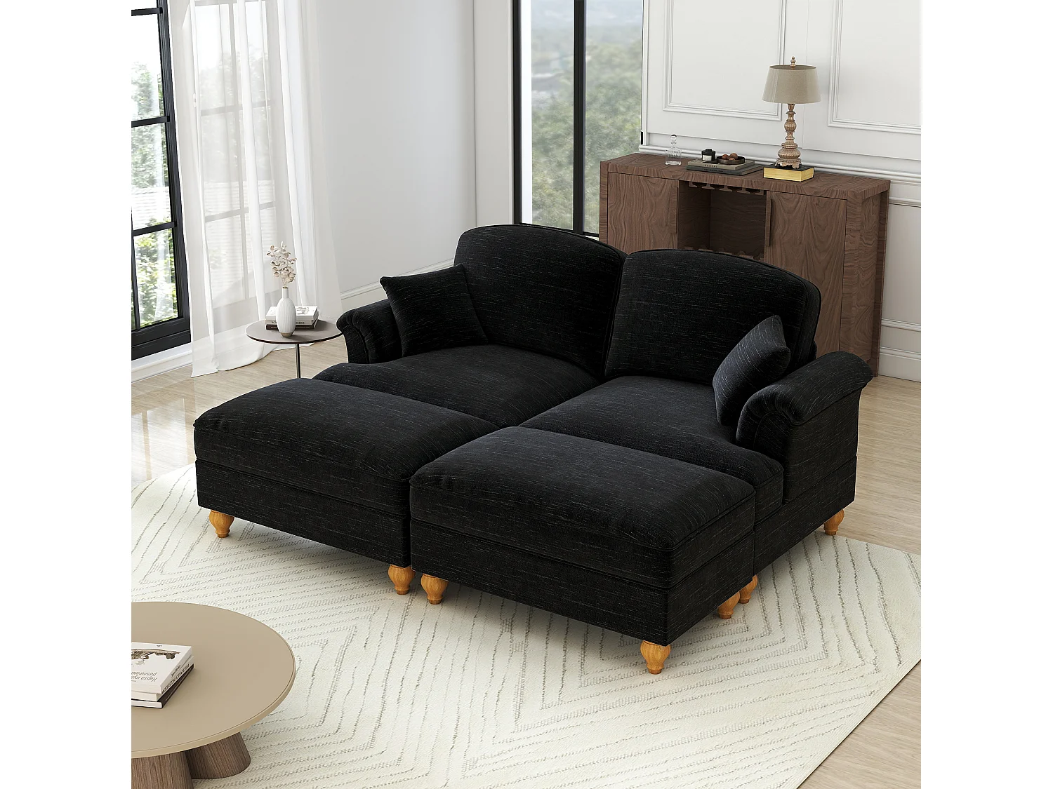 Chesterfield bank 2-zits in chenille zwart - met 2 poefs en 2 kussens - afneembare ruche - 194x140x93cm