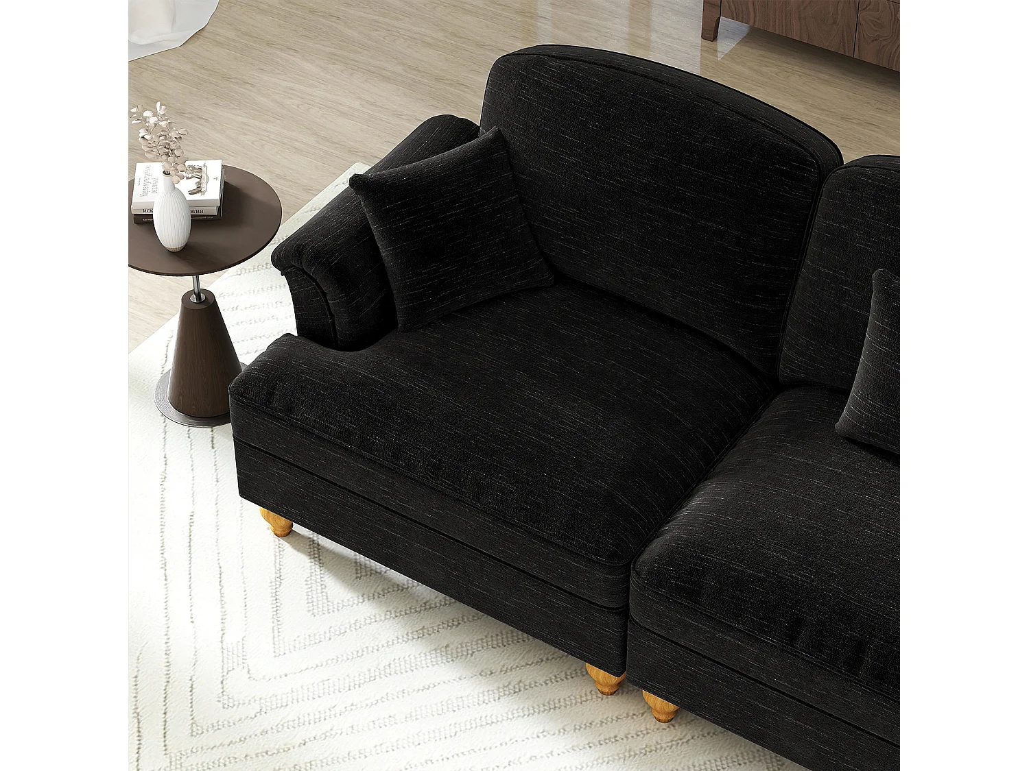 Chesterfield bank 2-zits in chenille zwart - met 2 poefs en 2 kussens - afneembare ruche - 194x140x93cm