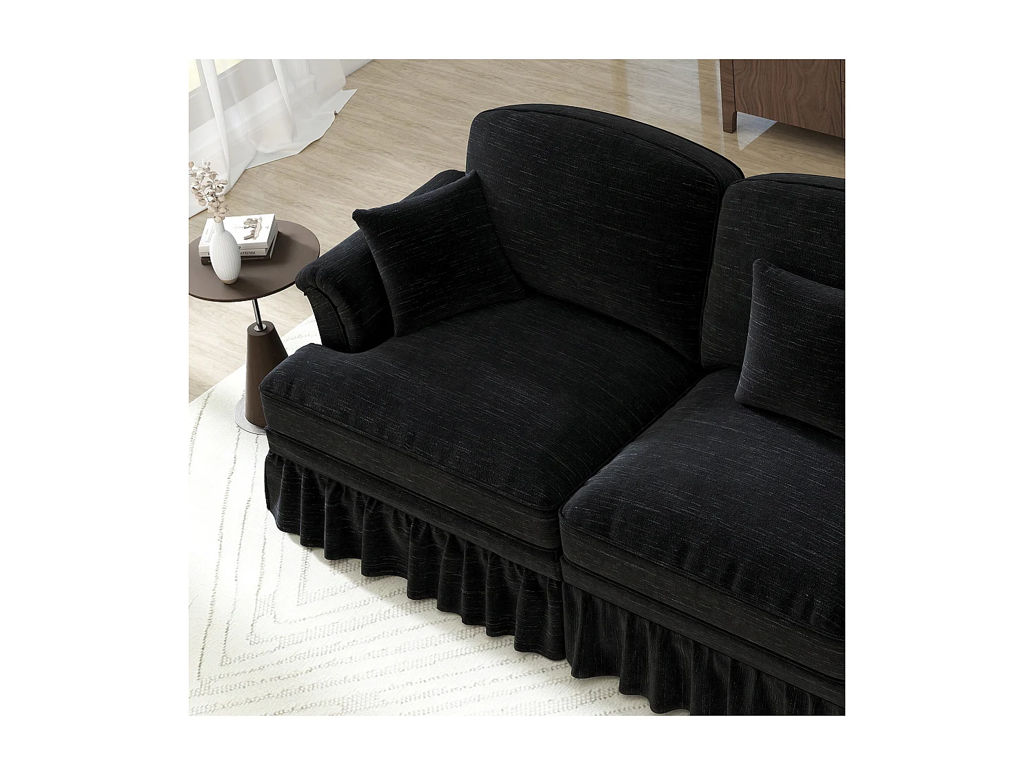 Chesterfield bank 2-zits in chenille zwart - met 2 poefs en 2 kussens - afneembare ruche - 194x140x93cm