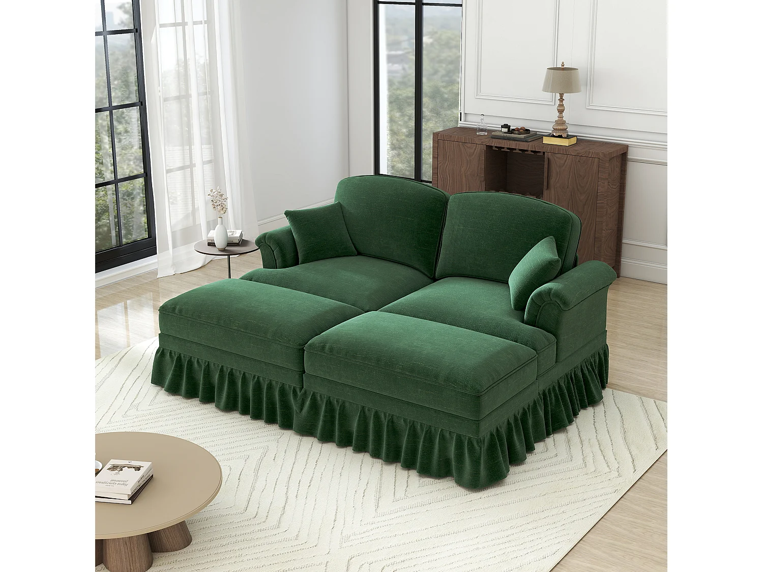 Canapé 2 places chesterfield en chenille vert - avec 2 pouf et 2 oreillers - cantonnière amovible - 194x140x93cm